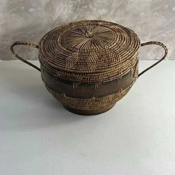 Hand-woven Basket With Lid 7 Tall Rattan and Wood Double Handles